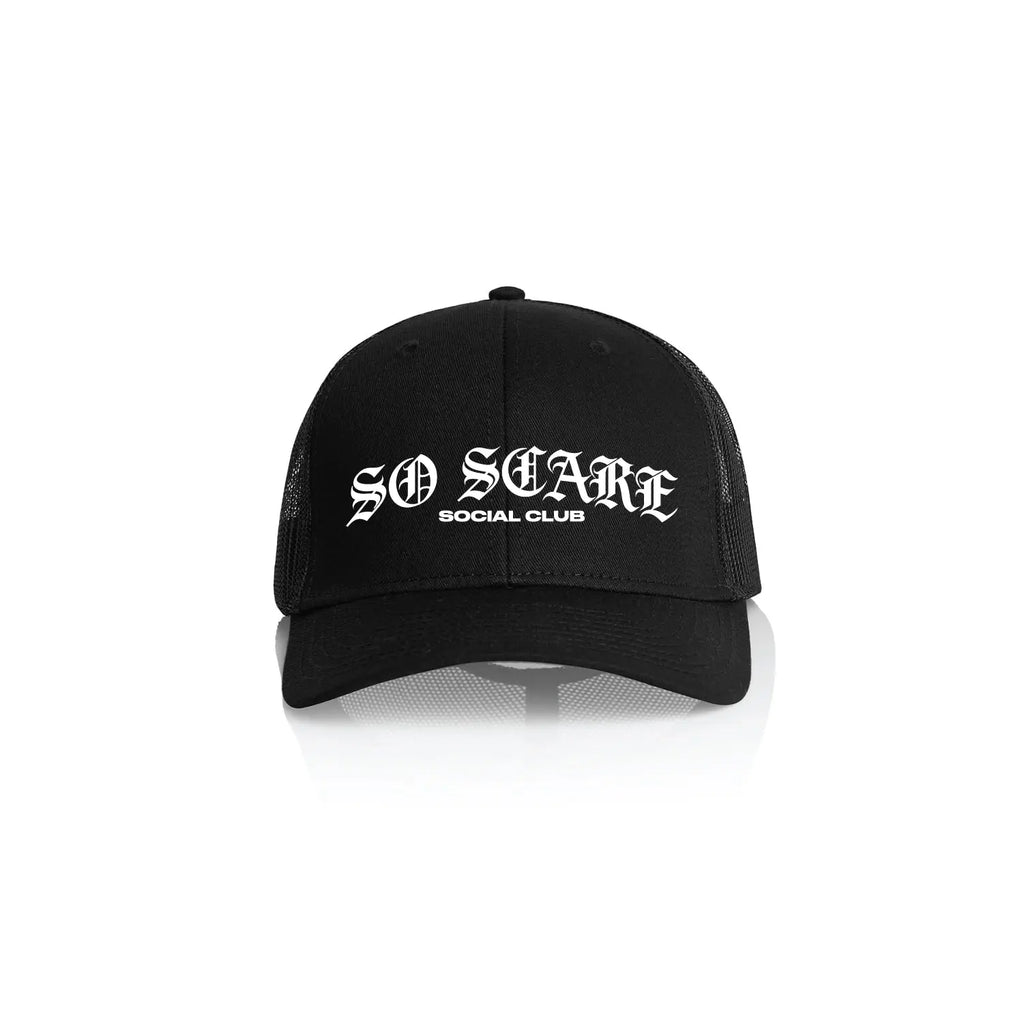 OLD ENGLISH TRUCKER HAT SO SCARE SOCIAL CLUB